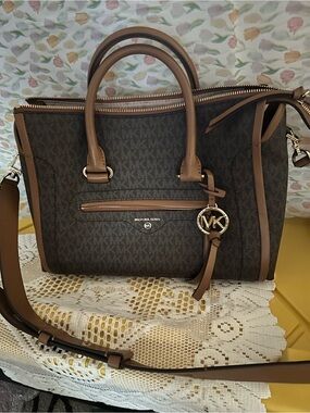 Michael Kors Brown/ Tan Signature Satchel with MK Charm